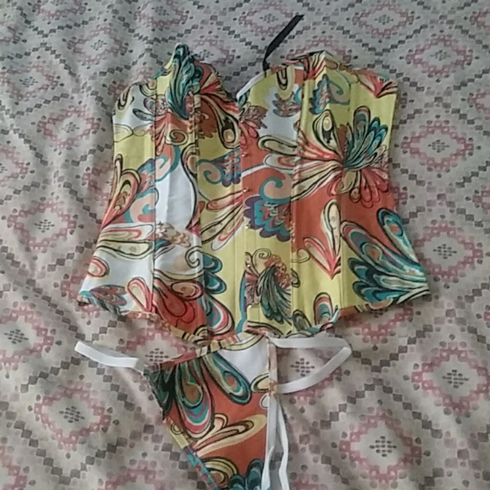 Two piece denim canary yellow multi-color corset